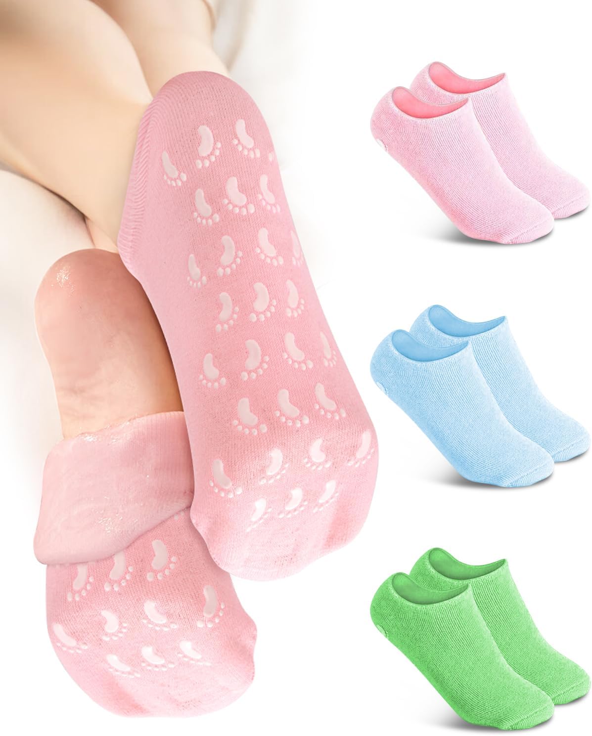 3Pairs Moisturizing Socks, Non Slip Gel Socks Moisturizing Spa Socks for Women, Soft Gel Sleeping Fuzzy Socks for Repairing and Softening Dry Cracked Feet Skins(Pink, Blue, Green)