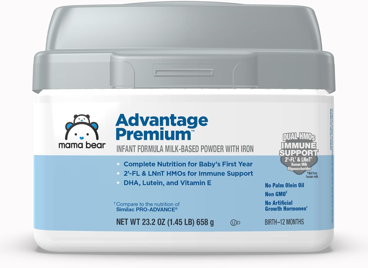 Amazon Brand – Mama Bear Advantage Premium Baby Formula Powder, 2′-FL HMO, LNnT HMOs for Immune Support, Non-GMO, 23.2 oz, 1.45 pound (Pack of 1)