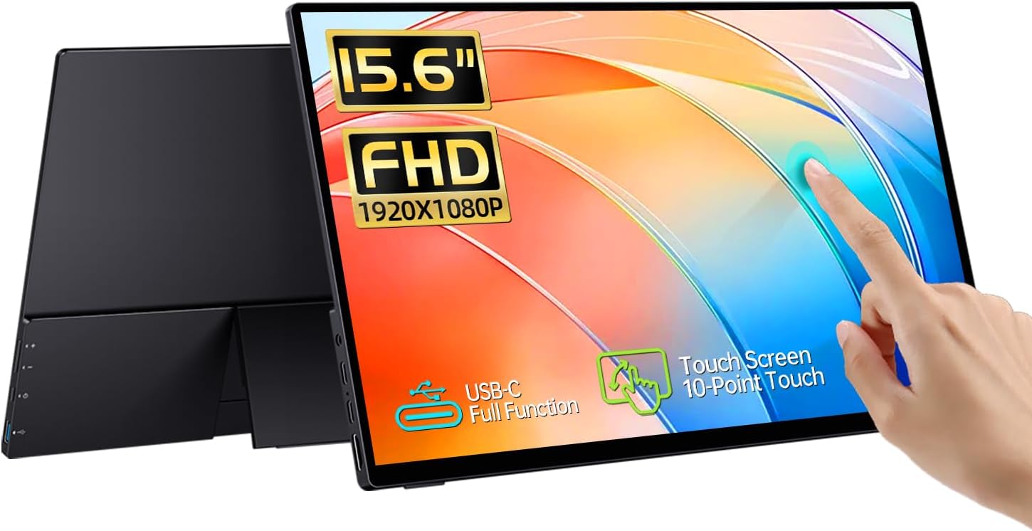 15.6” Portable Monitor Touchscreen, FHD IPS Touch Screen with Tempered Glass, Travel Monitor with Kickstand & Speaker, HDMI USB C External Monitor for Laptop Phone Computer Xbox Switch PS4/5