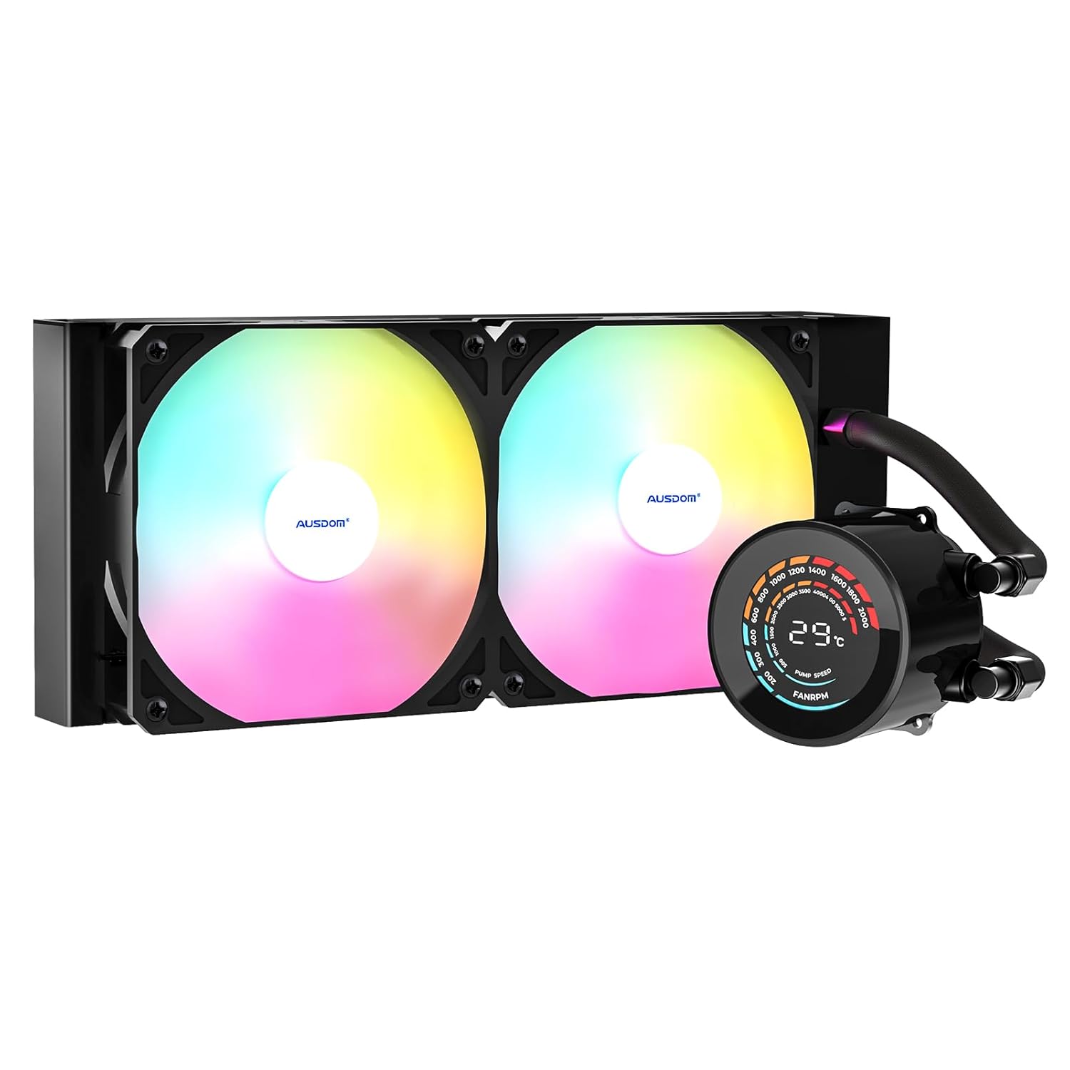 AUSDOM CPU AIO Liquid Cooler 240mm RGB, 2×120mm PWM Fans Water Cooling System, Compatible with Intel & AMD, Enhanced Cooling Performance, Easy Installation, Quiet Operation