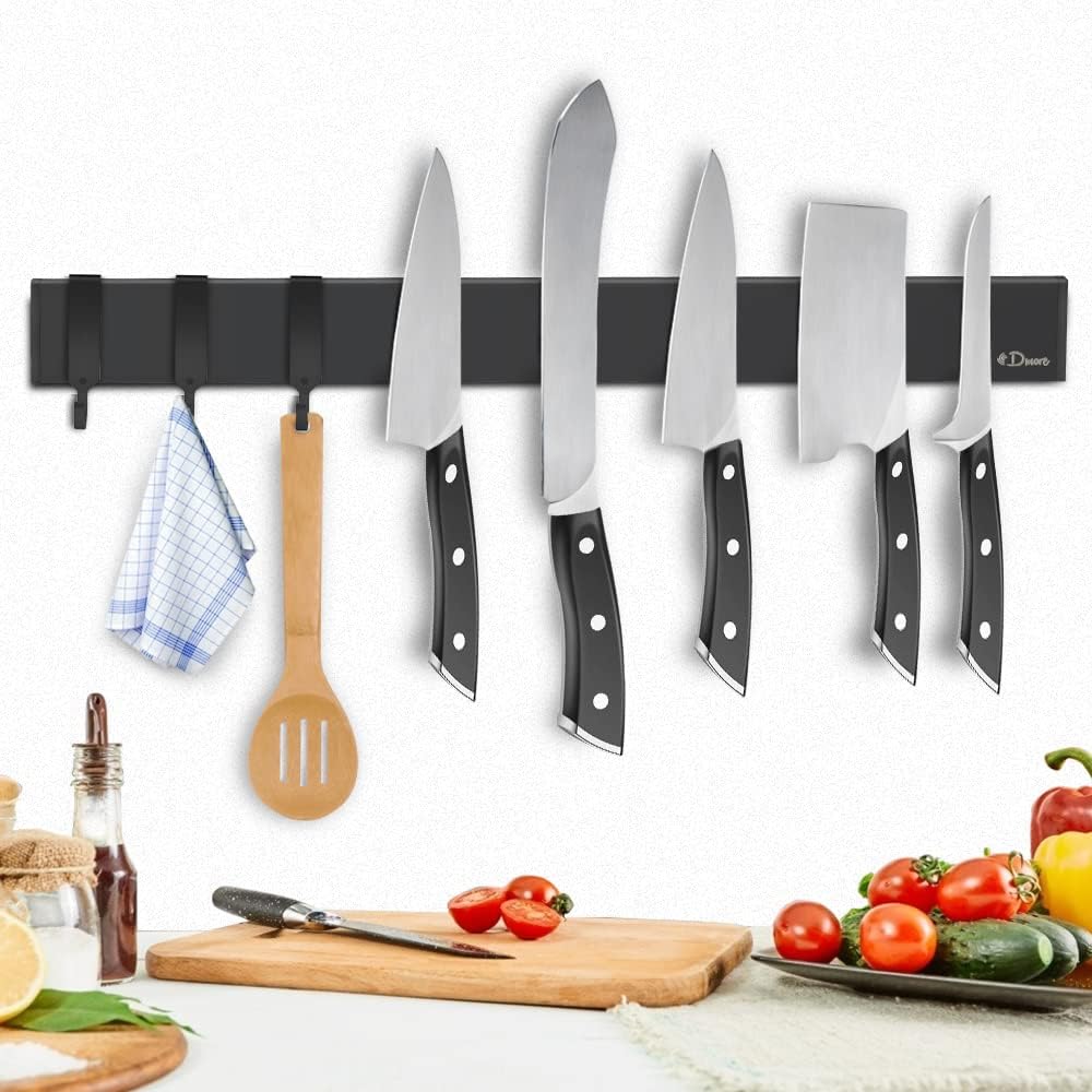 Dmore magnetic knife holder for wall—with 3 hooks, No Drilling 16 Inch black knife magnetic strip, Powerful knife magnet rack, include Adhesive Tape and screws for Knives, Utensils, and Tools