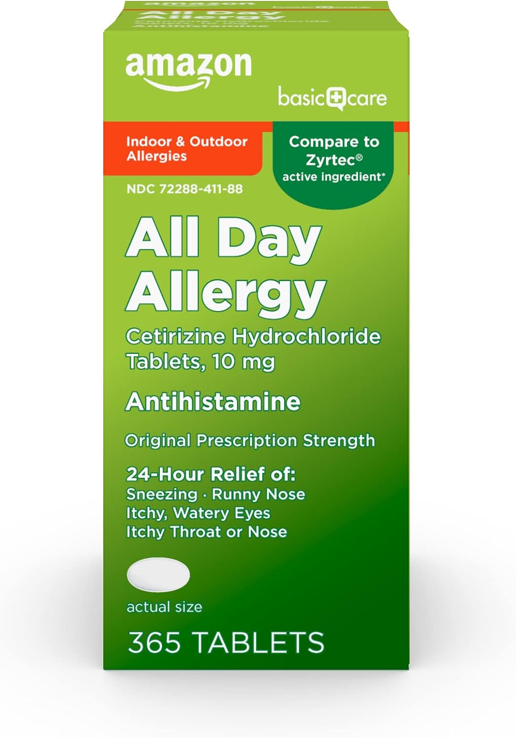 Amazon Basic Care All Day Allergy, Cetirizine Hydrochloride Tablets, Antihistamine, 10 mg, 365 Count (Packaging may vary)