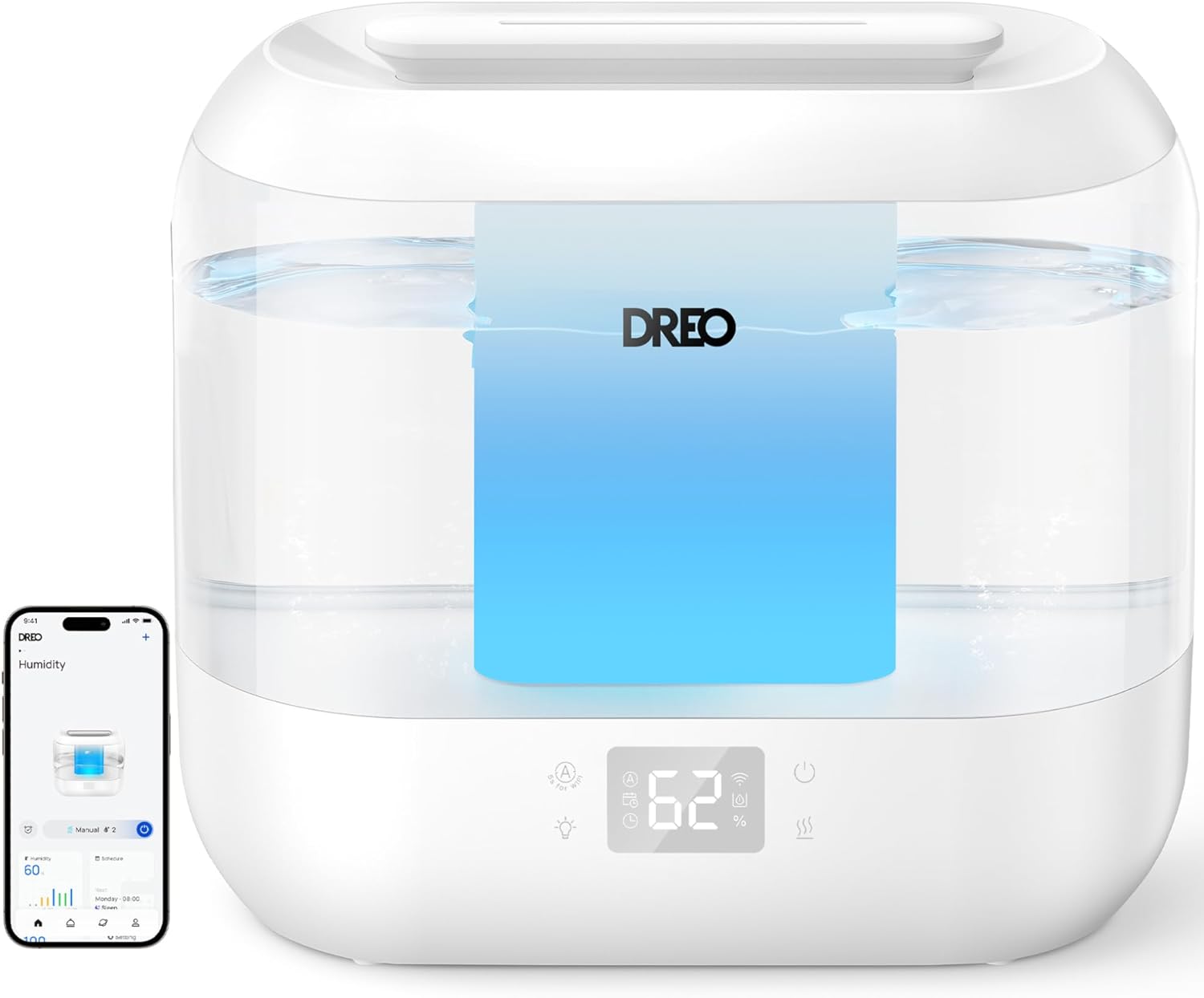 Dreo Smart Humidifier, Cool Mist Humidifiers for Bedroom, Quiet 4L Top Fill Ultrasonic Humidifiers for Home Office Plant & Baby with Nightlight, LED Display, 32H Runtime, APP/Voice Control, HM311S