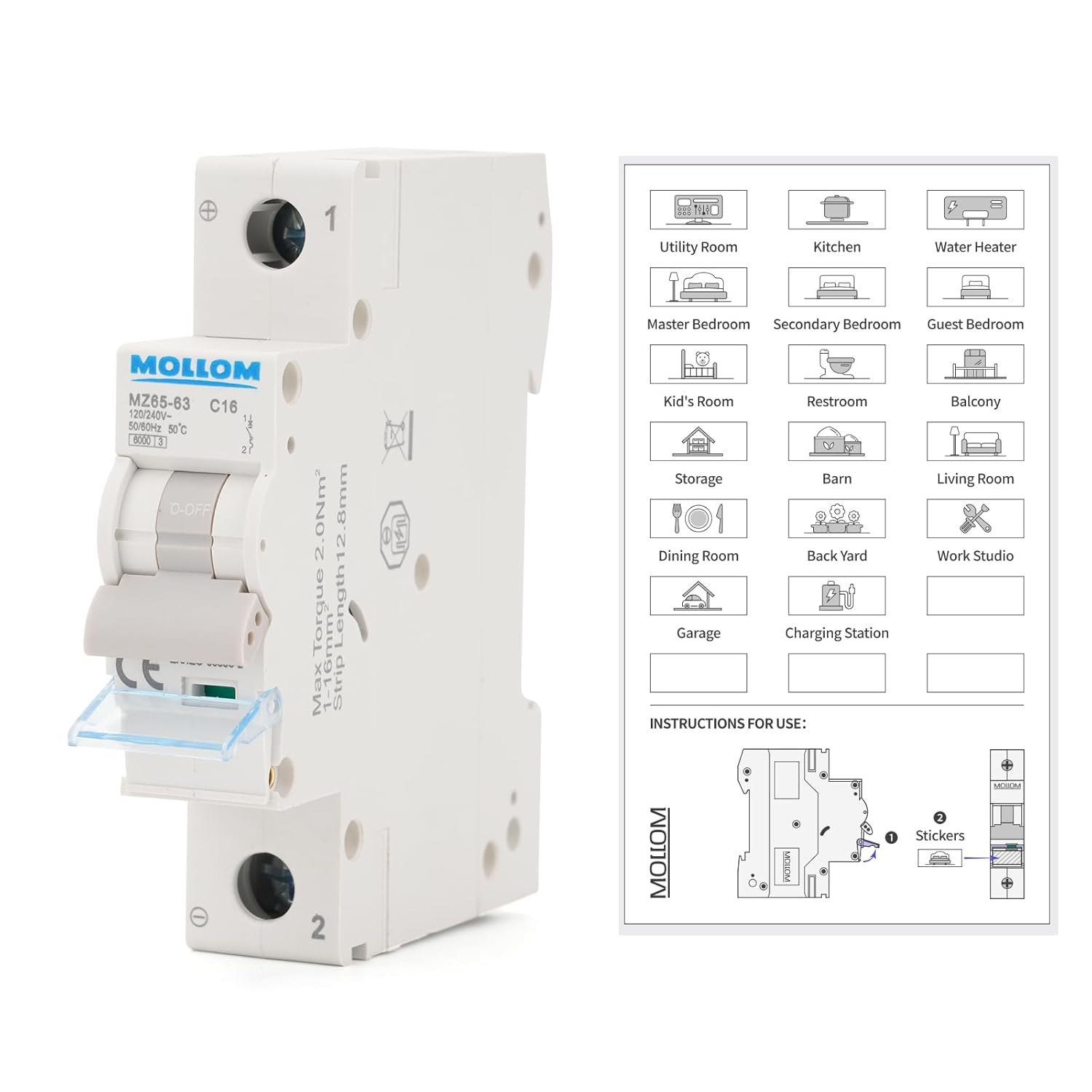 AC 1 Pole Miniature Circuit Breaker, 110V-240V 16Amps, C16 Scene Visualization Custom MCB Thermal Magnetic Trip, 6KA Breaking Capacity for Solar AC System, Home Use, RVs