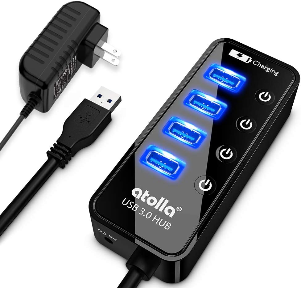 Atolla 4-Port USB 3.0 Hub with 4 Data Ports, 1 Smart Charging Port, Individual On/Off Switches and 5V/3A Adapter