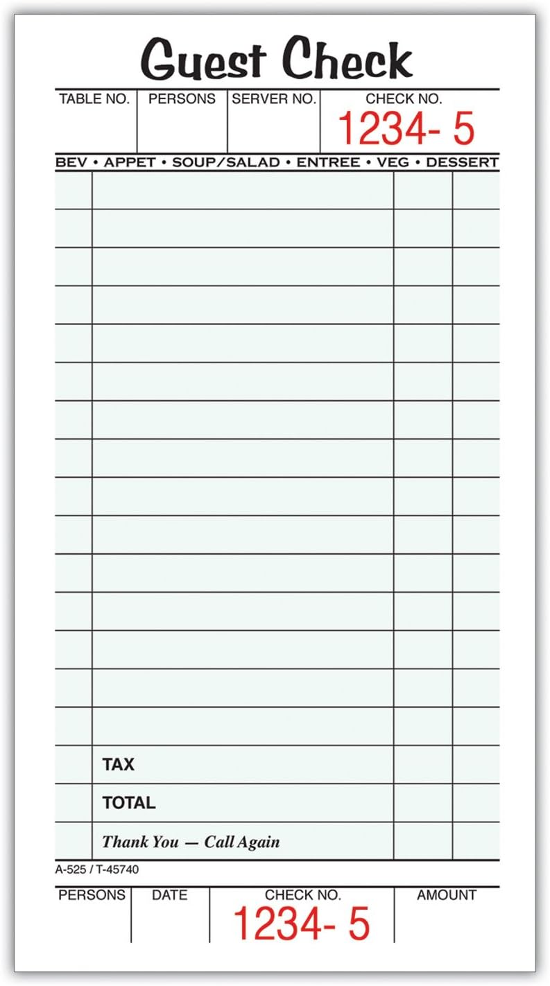 Adams Guest Check Pads, Single Part, Perforated, White, 3-2/5″ x 6-3/4 “, 50 Sheets/Pad, 5 Pads/Pack (525SWMT)