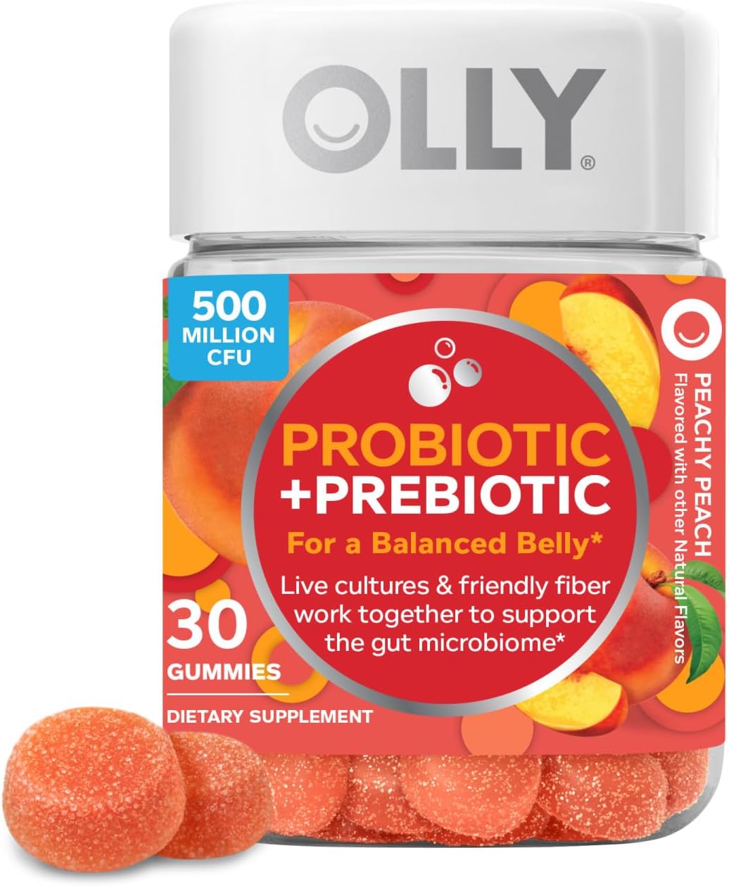 OLLY Probiotic + Prebiotic Gummy, Digestive Support and Gut Health, 500 Million CFUs, Fiber, Adult Chewable Supplement for Men and Women, Peach, 30 Day Supply – 30 Count