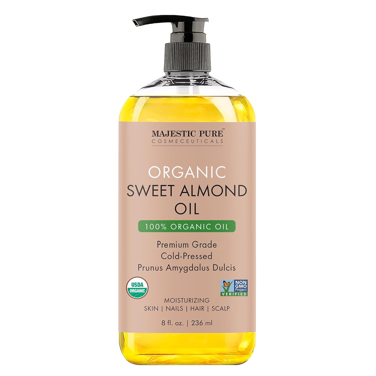 Majestic Pure USDA Organic Sweet Almond Oil | 100% Pure & Natural Cold Pressed Oil Sweet Almond Oil for Skin, Face, Nails, Hair, Scalp & Massage | 8fl oz