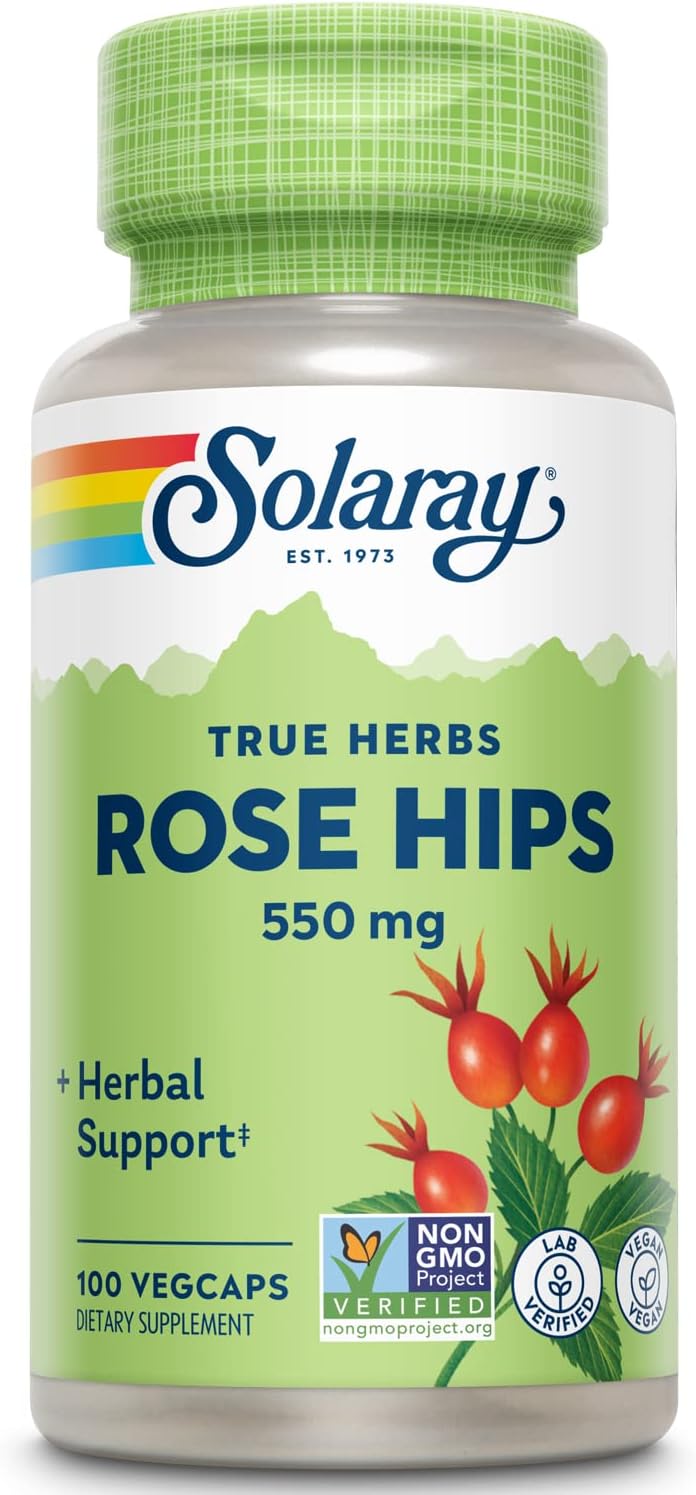 Solaray Rose HIPS Fruit 550mg | Healthy Skin, Joints & Immune Function Support | Source of Vitamin C & Bioflavonoids | Non-GMO & Vegan | 100 VegCaps