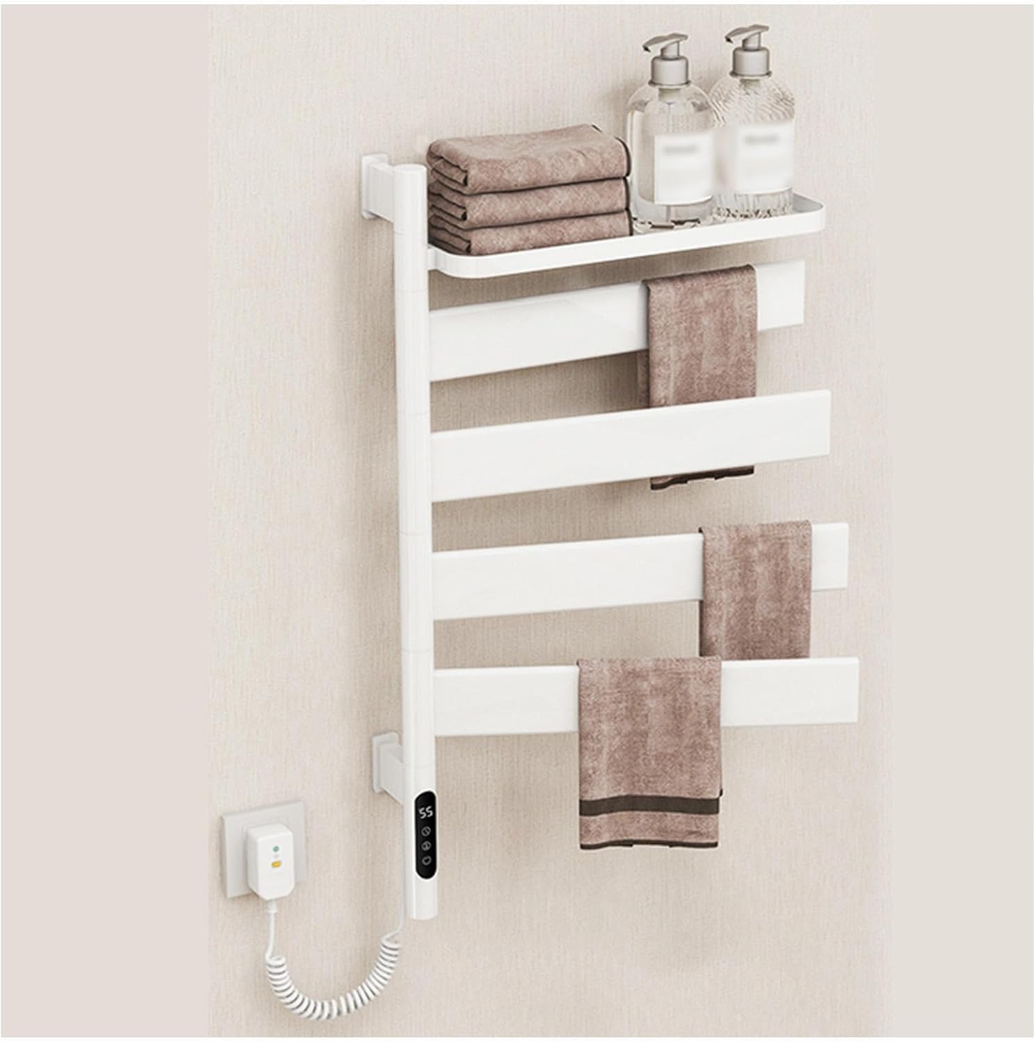 Heated Towel Rack Rotatable 180°, Towel Warmers for Bathroom Rack with Intelligent Touch Screen Timer, Fast Heating, Towel Warmer Bar Plug-in/Hardwired,Gray (White)