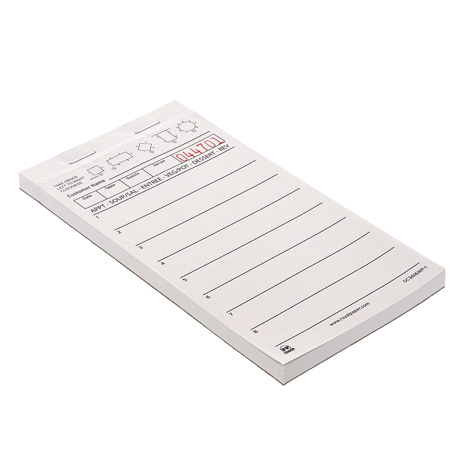 Royal White Server Pad Paper, 1 Part Booked with 8 Lines, Case of 50 Books