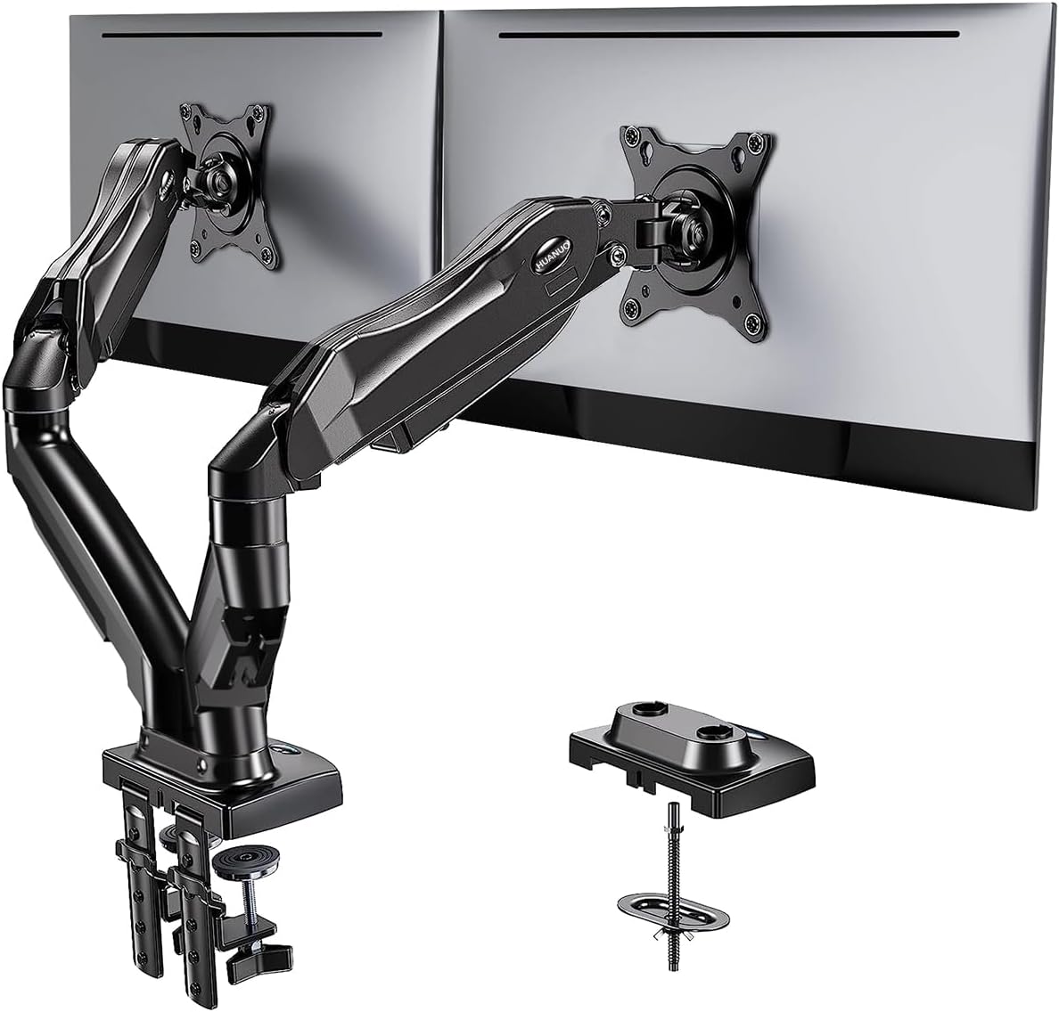 HUANUO Dual Monitor Stand – Full Adjustable Monitor Desk Mount Swivel Vesa Bracket with C Clamp, Grommet Mounting Base for 13 to 32 Inch Computer Screens – Each Arm Holds 4.4 to 19.8lbs