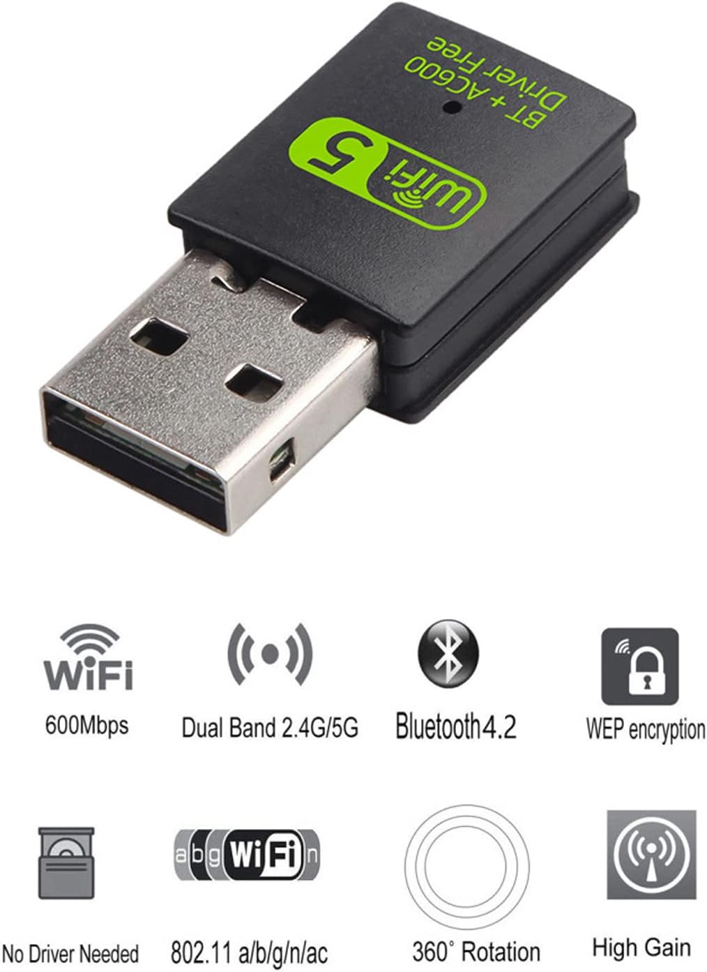 USB WiFi Bluetooth Adapter, 600Mbps Dual Band 2.4/5GHz Wireless Network Card, USB WiFi Dongle for PC/Laptop/Desktop, Support Windows XP/7/8.1/10