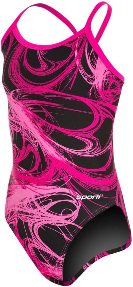 Sporti Light Wave Thin Strap One Piece Swimsuit Youth (22-28) – Black/Hot Pink – 22Y