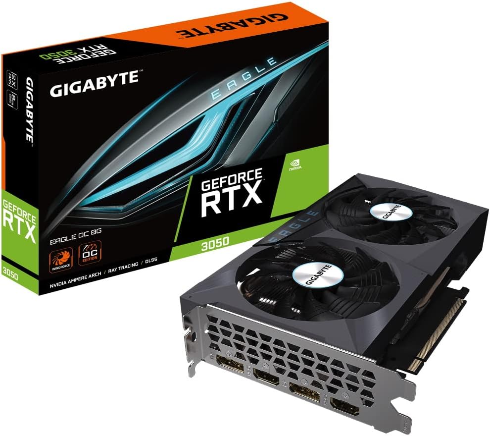 Gigabyte NVIDIA GeForce RTX 3050 Eagle OC Graphics Card – 8GB GDDR6, 128-bit, PCI-E 4.0, 1792MHz Core Clock, 1x DP 1.4, 1 x HDMI 2.1, NVIDIA Ampere – GV-N3050EAGLE OC-8GD