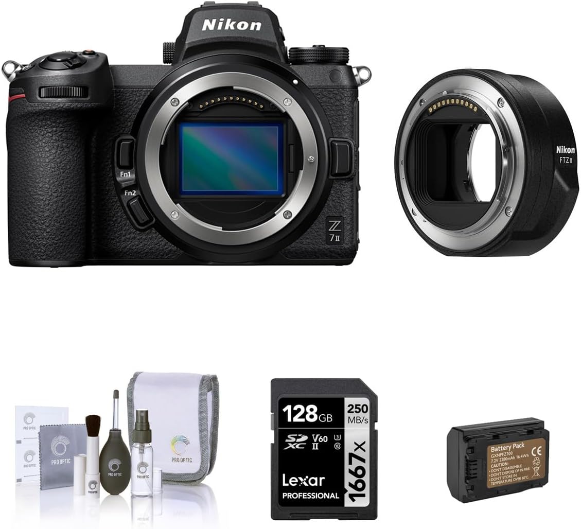 Nikon Z 7II Mirrorless Camera, Black Bundle with Nikon Mount Adapter FTZ II, 128GB Memory Card, Battery w/USB-C Charging Port, Cleaning Kit.