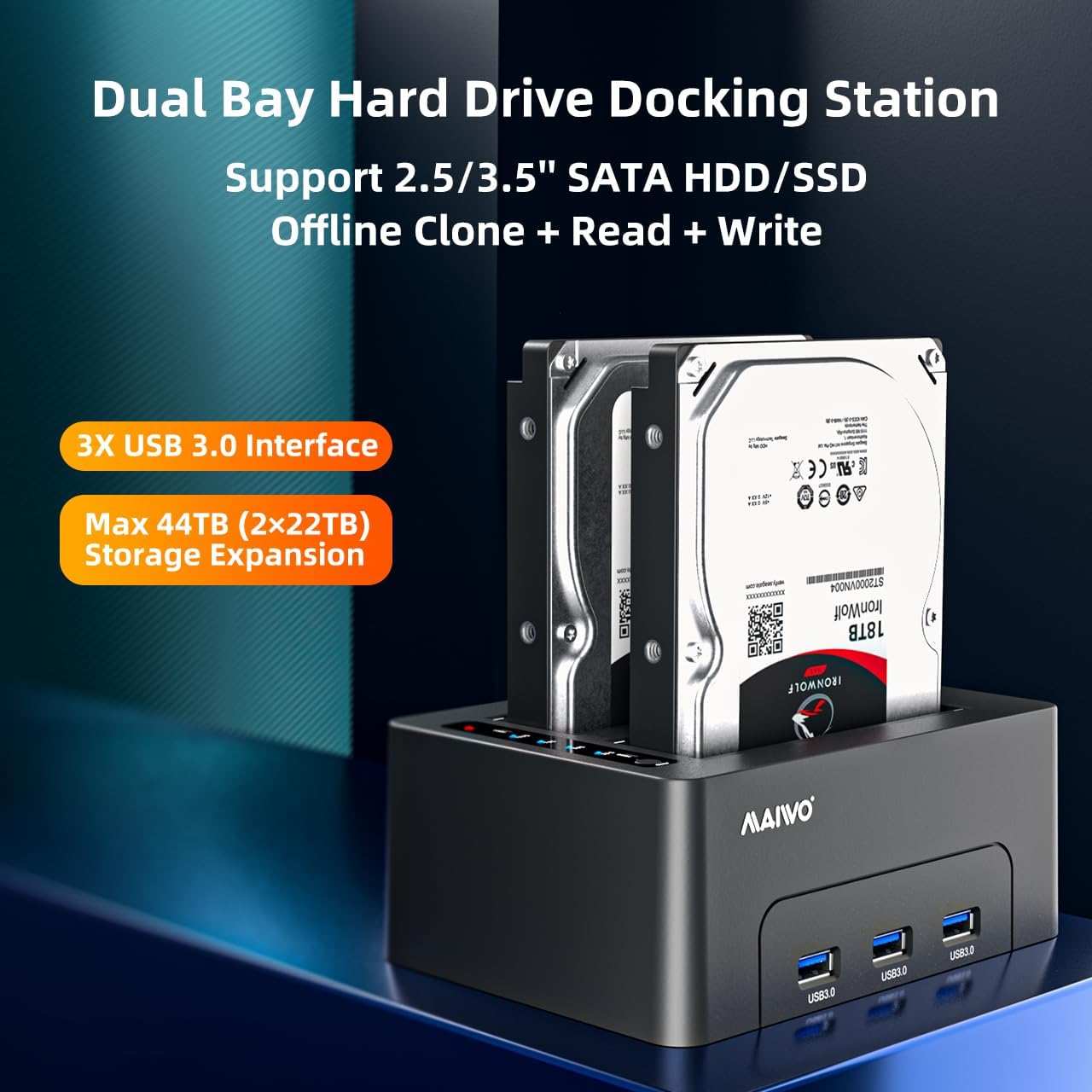 MAIWO Dual Bay Hard Drive Docking Station with Offline Clone for 2.5 3.5 Inch SATA HDD SSD, 3X USB 3.0 Hub Extension, 44TB Capacity, External Hard Drive Duplicator Cloner