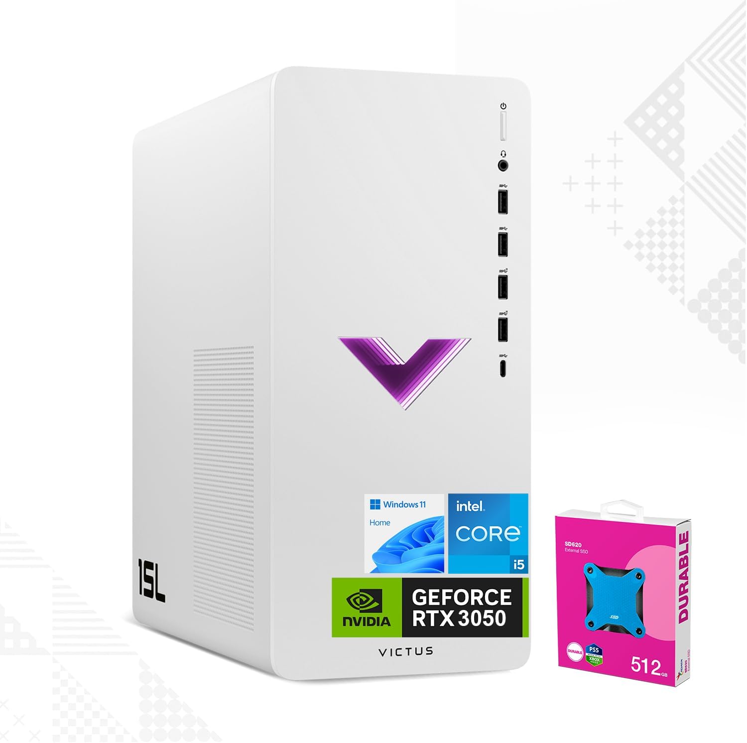 HP Victus 15L Intel i5 RTX 3050 Gaming Desktop, Intel i5-13400 (Beats Intel i7-1255U), NVIDIA GeForce RTX 3050, 16GB RAM, 1TB SSD, Wi-Fi 6, Wired M&K, Windows 11 Home, with 512 External SSD Bundle