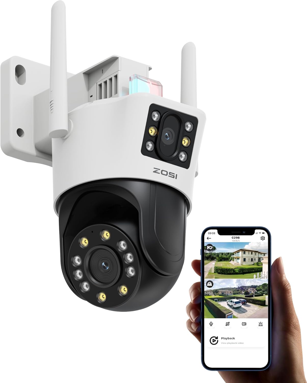 ZOSI C298 Pro 4K 8MP Dual-Lens(2x4MP) Wired WiFi PT Plug-in Security Camera Outdoor, 360 View Pan/Tilt Camera, Human/Vehicle Detect, Spotlight Siren, Color Night Vision, Two-Way Talk, SD/Cloud Storage