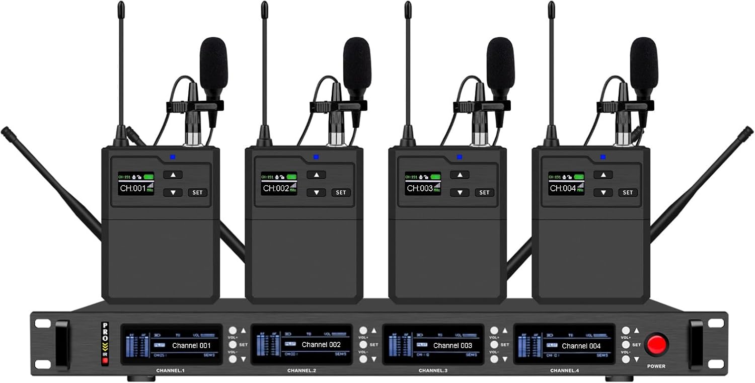 True Diversity UHF 4 Channels Professional Wireless Microphones for Filmmakers Video Recording Vlogging 4 Beltpack Transmitter Long Range 490ft, Auto Scan, Frequency Adjustable and Locking