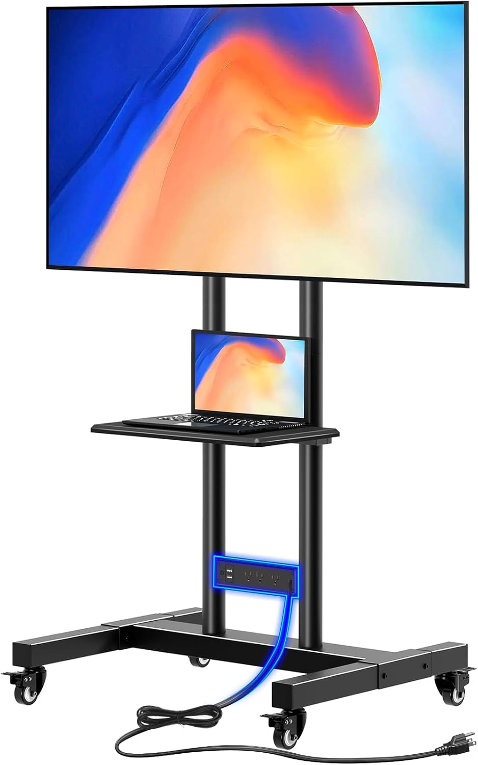 Greenstell TV Stand with Power Outlet, Mobile TV Cart on Wheels for 32-85 inch LED LCD Flat Curved Panel Screen TVs, up to 132lbs, Height Adjustable Rolling TV Stand with AV Shelf, Max VESA 600x400mm