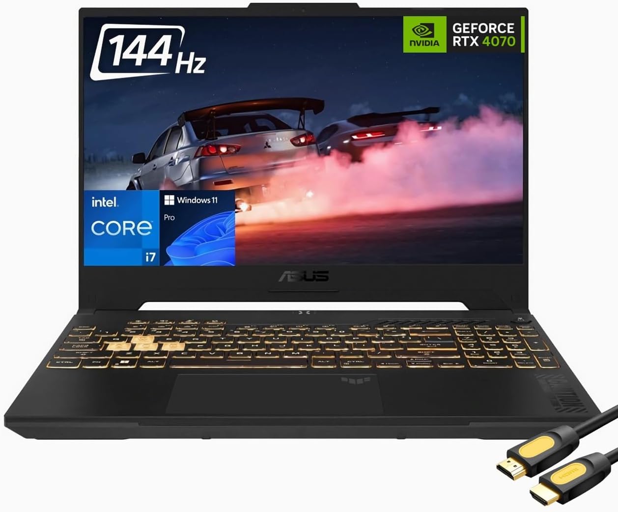 ASUS TUF Gaming Laptop, 15.6″ FHD 144Hz Display, 12th Gen Intel 14-Core i7-12700H, GeForce RTX 4070 140W, 32GB RAM, 2TB NVMe 4.0, VR Ready, RGB KB, Tb 4, WiFi6, HDMI, RJ45, SPS HDMI Cable, Win 11 Pro