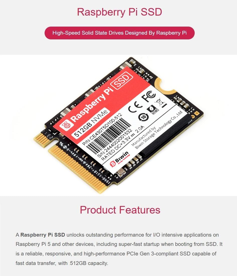 Official Raspbery Pi SSD, 512GB High-Speed Solid State Drives, Complies with PCIe Gen 3 Standard, Suitable for Raspbery Pi 5 (RPi SSD 512G)