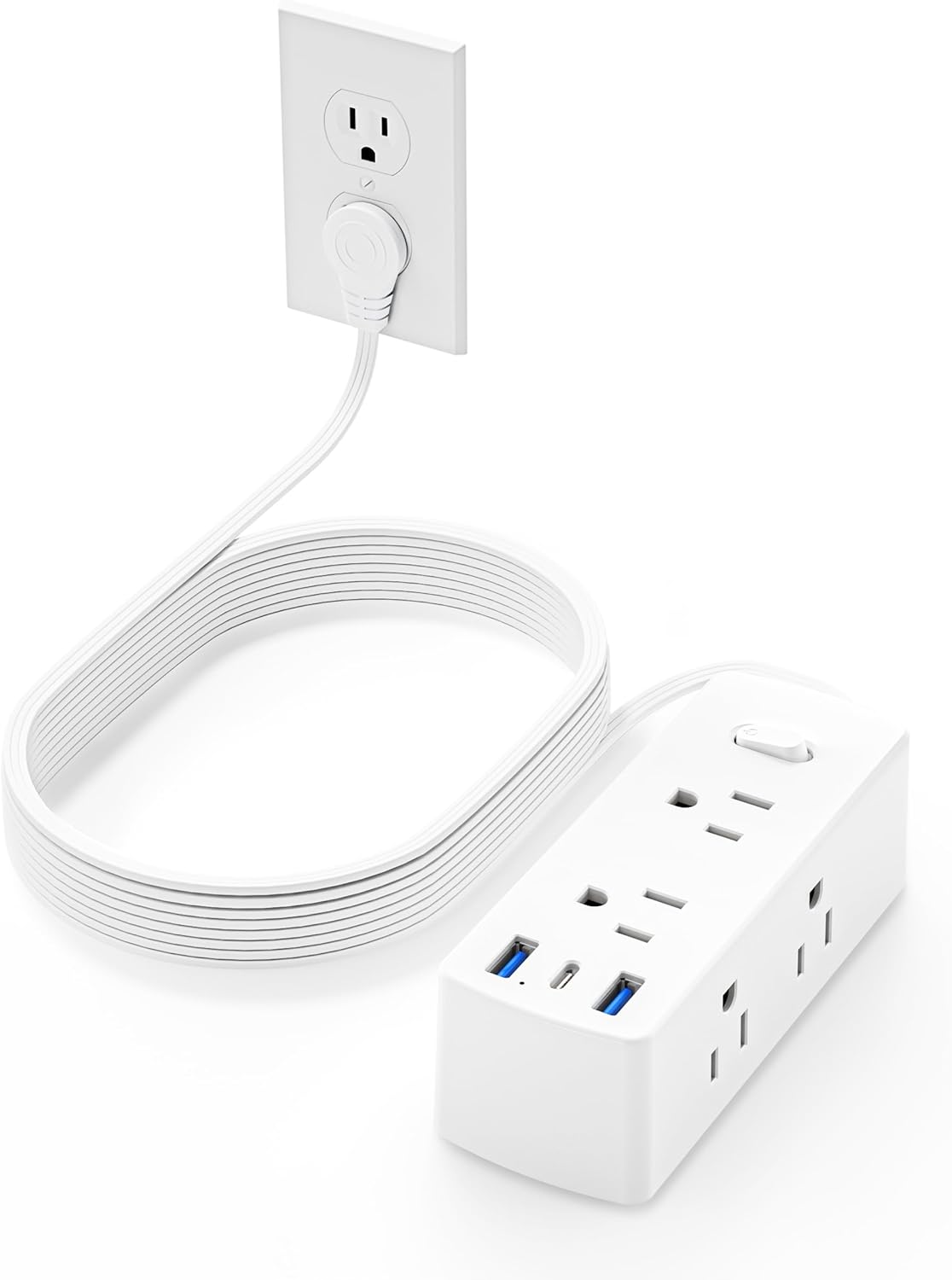 Flat Extension Cord 15ft, Olcorife Flat Plug Power Strip with 6 Outlets 3 USB Ports(1 USB C), 3-Side Outlet Extender Surge Protector for Home Office Dorm Room Essentials, White