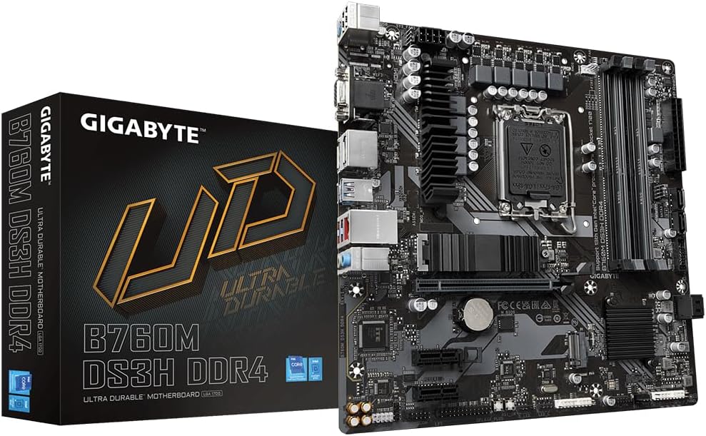 Gigabyte B760M DS3H DDR4 Motherboard – Supports Intel Core 14th Gen CPUs, 6+2+1 Phases Digital VRM, up to 5333MHz DDR4 (OC), 2xPCIe 4.0 M.2, 2.5GbE LAN, USB 3.2 Gen2