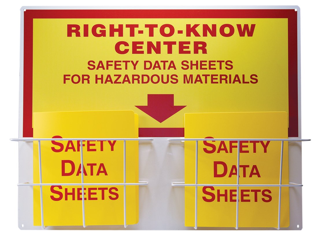 Accuform Right-to-Know Center, 0.063″ Thick Board with (2) Coated Wire Basket, (2) 1-1/2″ Safety Data Sheets 3-Ring Binder Included, Red/Yellow on White