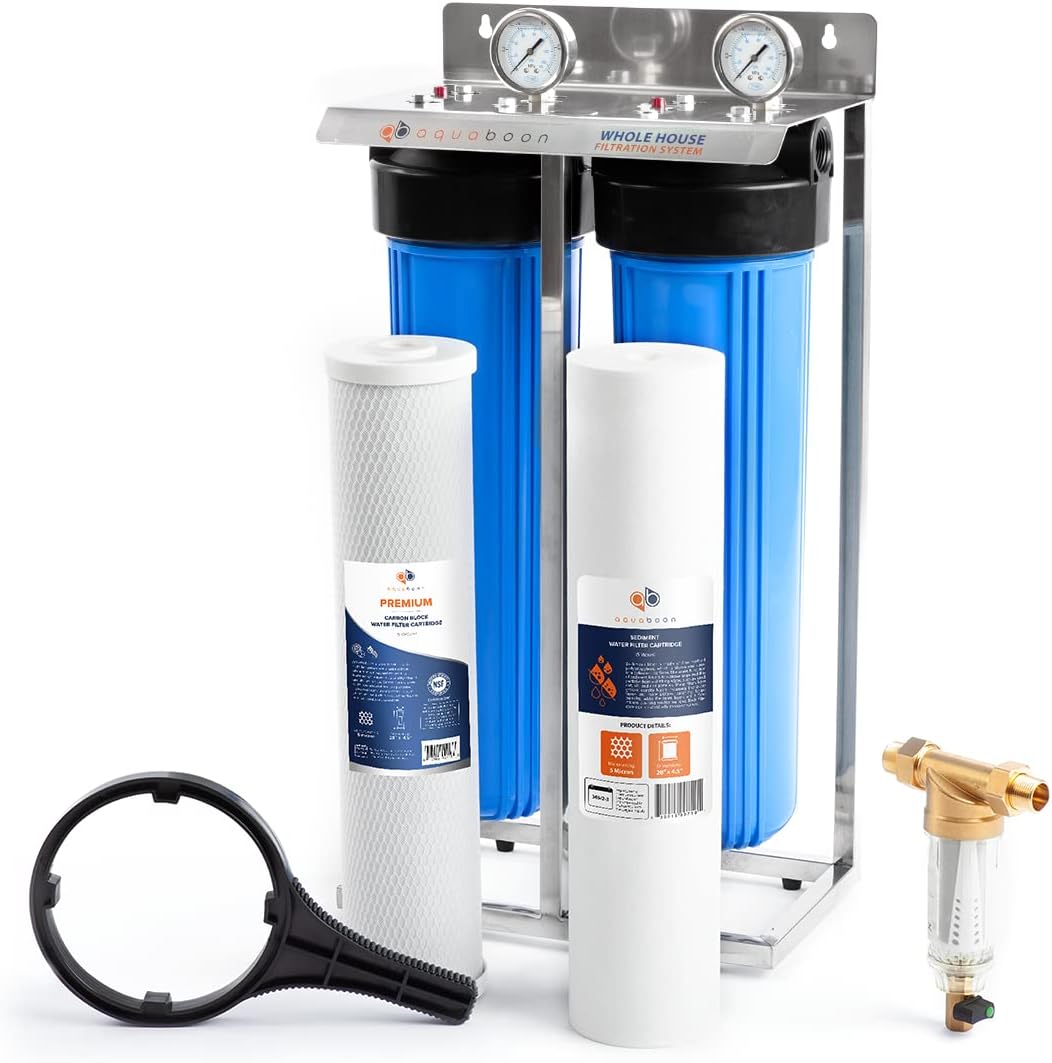 2-Stage Water Filter System 20×4.5 inch Comes with Sediment & Carbon Filters | Prefilter, Wrench, Gauge & Release, Freestanding Steel Frame Included