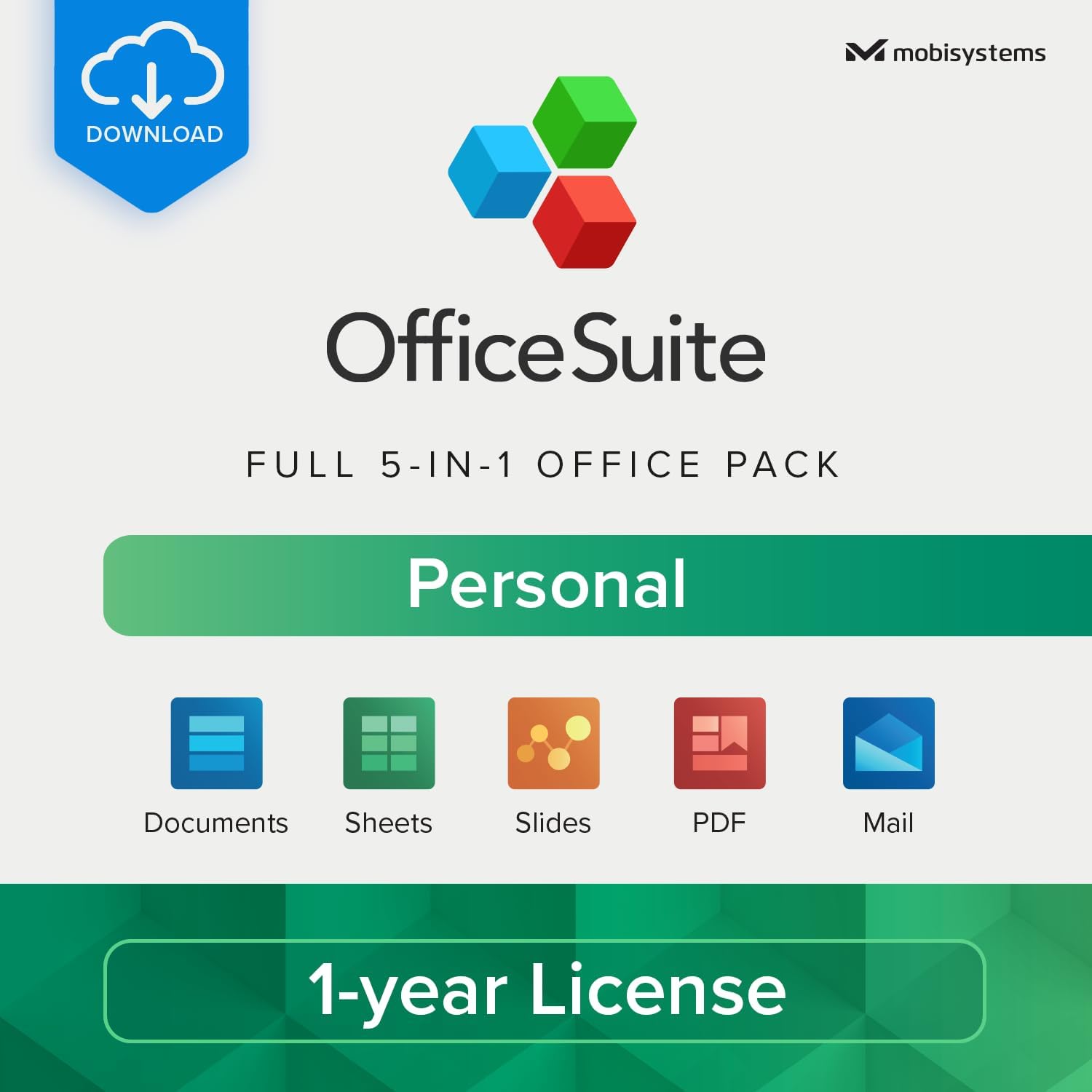 OfficeSuite Personal | 5 in 1 Office Pack | Documents, Sheets, Slides, PDF, Mail & Calendar | 1 Year License | 1 Windows PC & 2 Mobile Devices [Online Code]