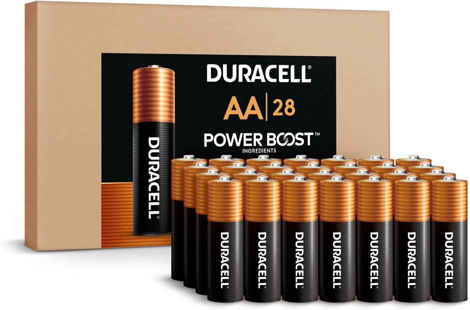 Duracell Coppertop AA Batteries with Power Boost ingredients, 28 Count (Pack of 1). Re-closable pack for quick, easy access and organized storage. Double A Battery with Long-lasting Power