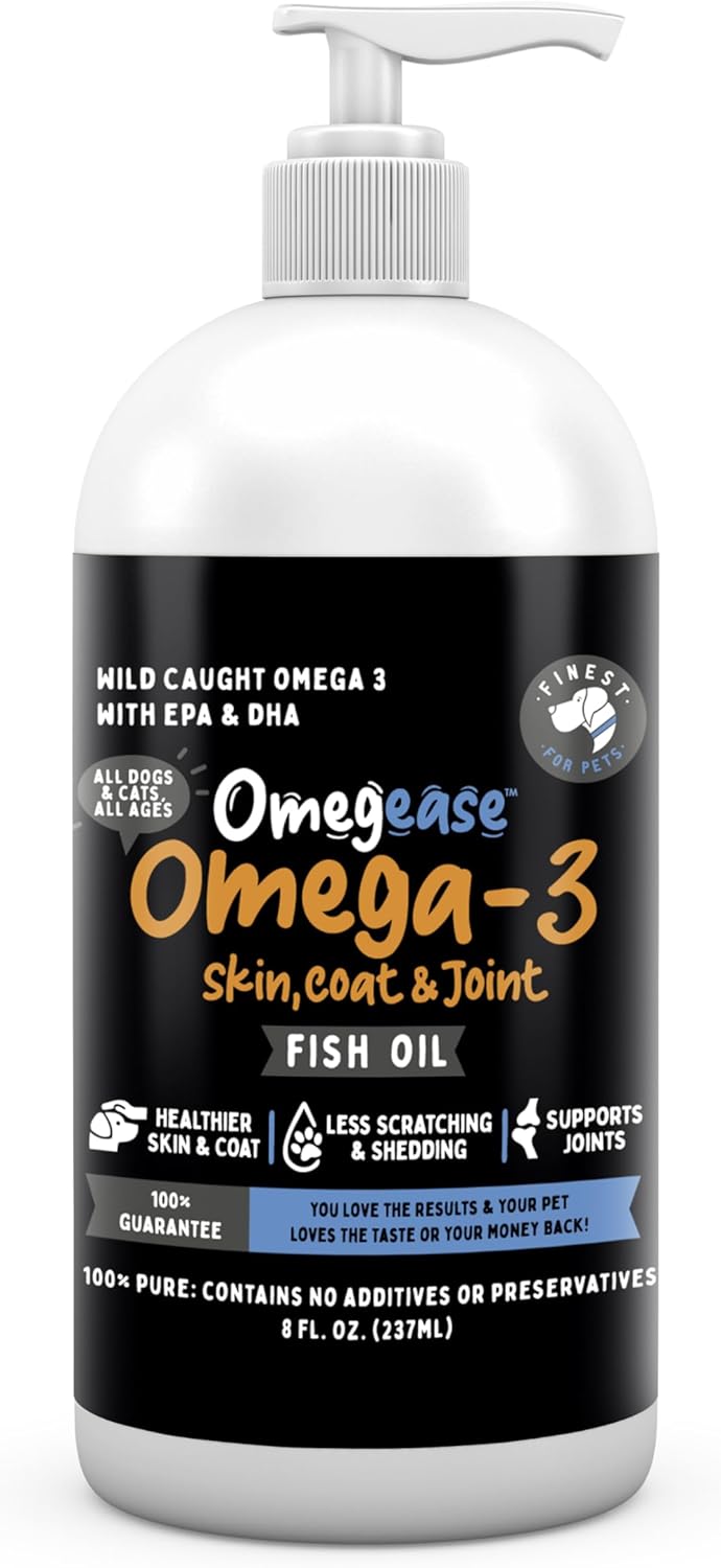 100% Pure Omega 3 Fish Oil for Dogs & Cats – Omegease Supplement for Skin & Coat, Itching, Shedding, Joints & Immune Health (8 oz)