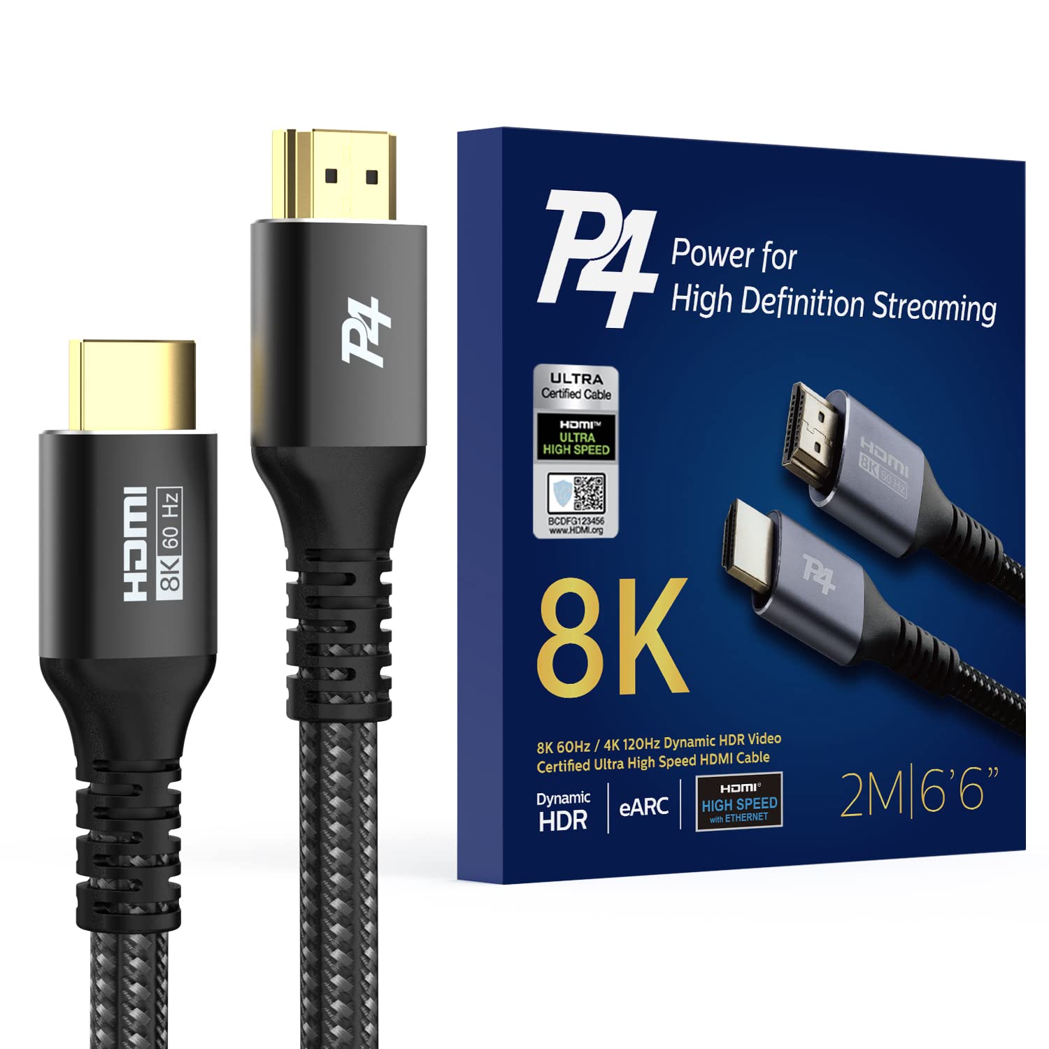 P4 Premium 8K HDMI 2.1 Cable – 6.6ft Braided Cord, Certified High Speed, 8K@60Hz, 4K@120Hz – eARC, HDCP 2.2&2.3, HDR10+, Atmos – Compatible with Apple TV, Roku, Netflix, Sony PS5 – Alloy Case