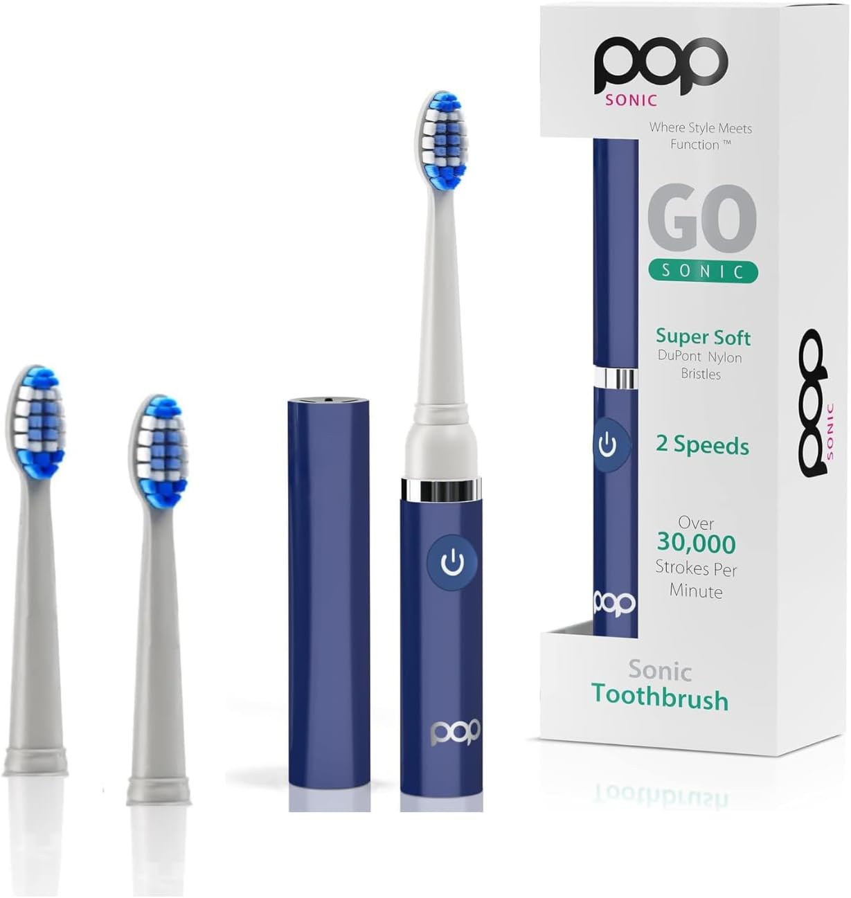 Pop Sonic Electric Toothbrush (Navy + 2 Brush Heads) – Travel Toothbrushes w/AAA Battery | Kids Electric Toothbrushes with 2 Speed & 15,000-30,000 Strokes/Minute, Dupont Nylon Bristles