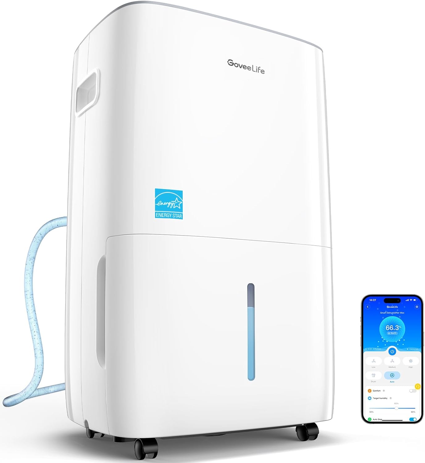 GoveeLife Smart Dehumidifier for Basement 4,500 Sq.Ft, 50 to 109 Pint Auto Humidity Control, Drain Hose, 2.0Gal Bucket, Energy Star Most Efficient H7151, WiFi Dehumidifiers for Large Room