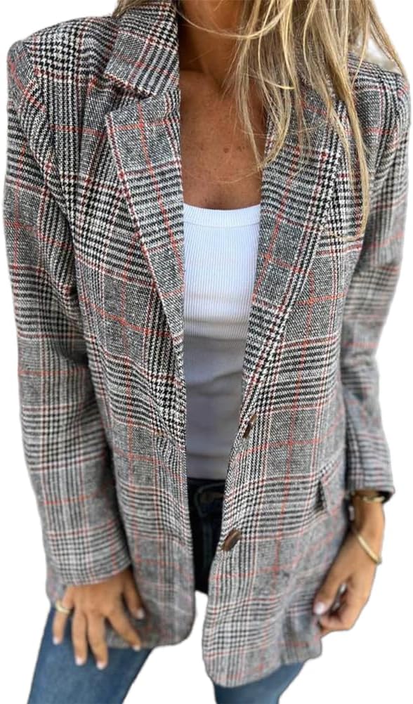 IDEALSANXUN Womens Tweed Blazer Fall Winter Casual Plaid Houndstooth Blazer Work Suit Jackets