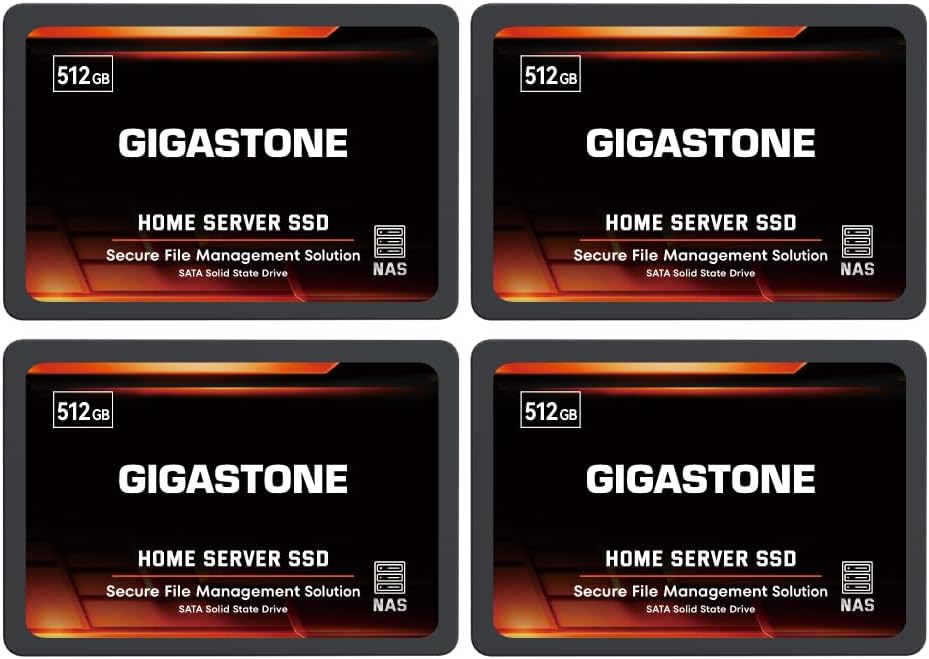 Gigastone Home Server SSD 512GB NAS SSD Drive Cache (4-Pack) 24/7 Durable TLC High Endurance Personal Cloud Data Sync Network Attached Storage RAID 3D NAND 2.5″ SATA Internal Solid State Hard Drives