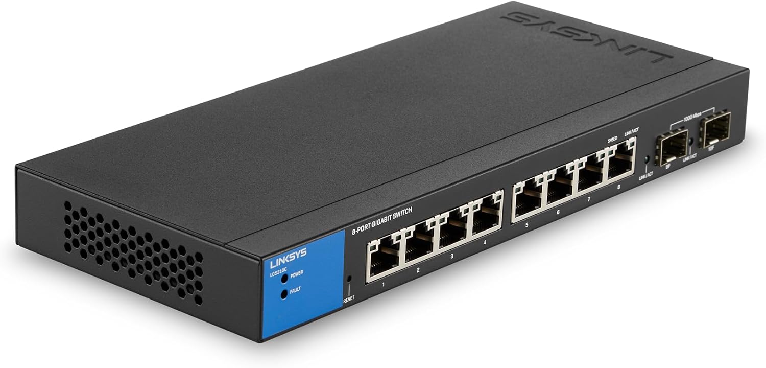 Linksys LGS310C 8 Port Gigabit Managed Network Switch with 2 Uplink Gigabit SFP Slots – Advanced Security, QoS, Static Routing, VLAN, IGMP Features – Metal Housing, Desktop / Wall Mount