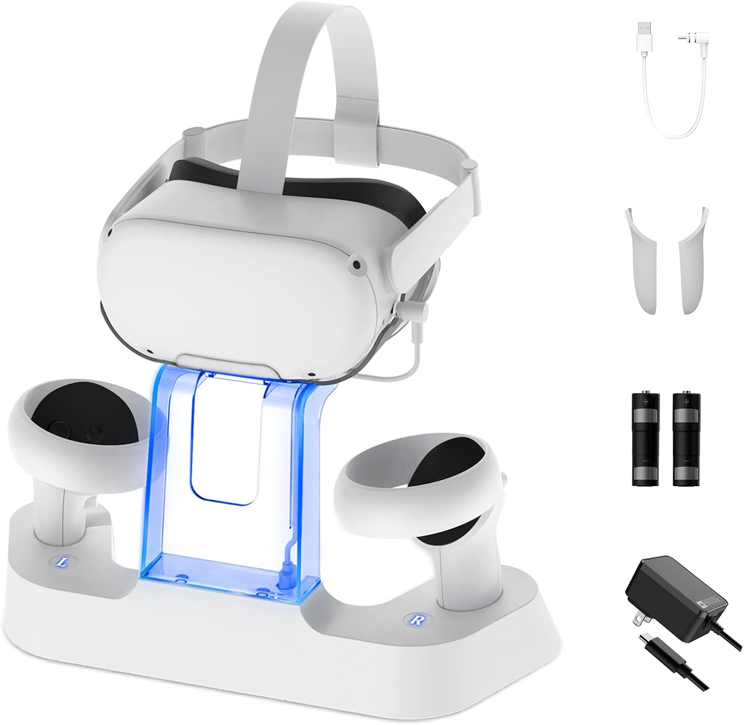 NexiGo Enhanced Charging Dock with LED Light for Oculus/Meta Quest 2, [Support Elite Strap with Battery], Headset Display Stand and Controller Mount, 2 Rechargeable Batteries, White