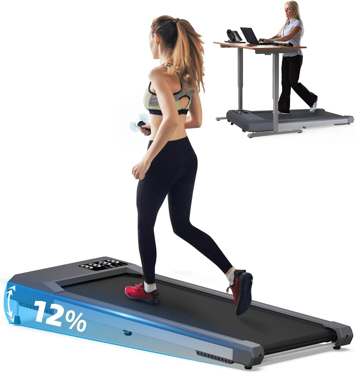 12% Incline Walking Pad Treadmills, Under Desk Treadmill 340+lb Capacity for Home Small Space, Mute Control Portable Foldable Adjustable Incline Treadmill, Works with KINOMAP, Easy to Move and Store