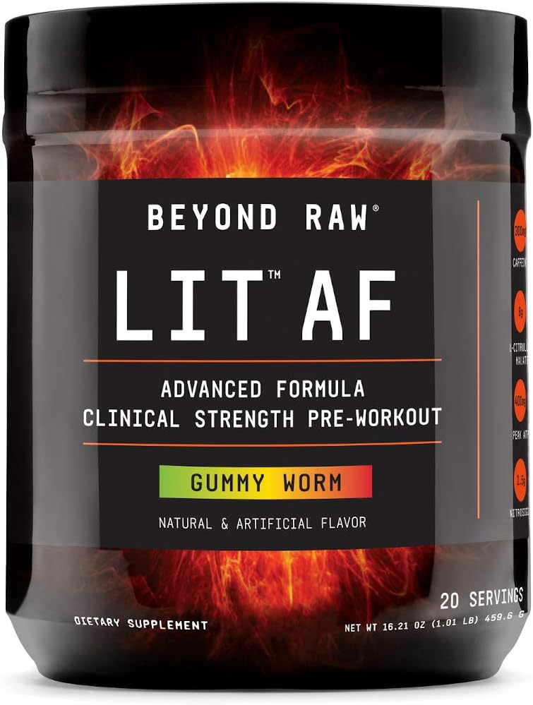 BEYOND RAW LIT AF | Advanced Formula Clinical Strength Pre-Workout Powder | Contains Caffeine, L-Citruline, and Nitrosigine | Gummy Worm | 20 Servings