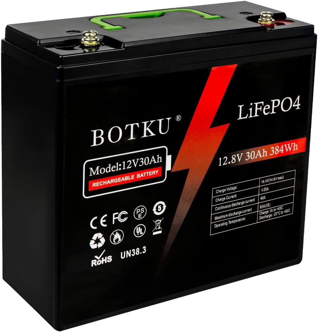 12V 30Ah Lithium LiFePO4 Deep Cycle Battery, 3000+ Cycle Rechargeable Lithium Iron Phosphate Battery for Solar, Fish Finder, Marine, Outdoor Camping, Off-Grid Applications with 30A BMS