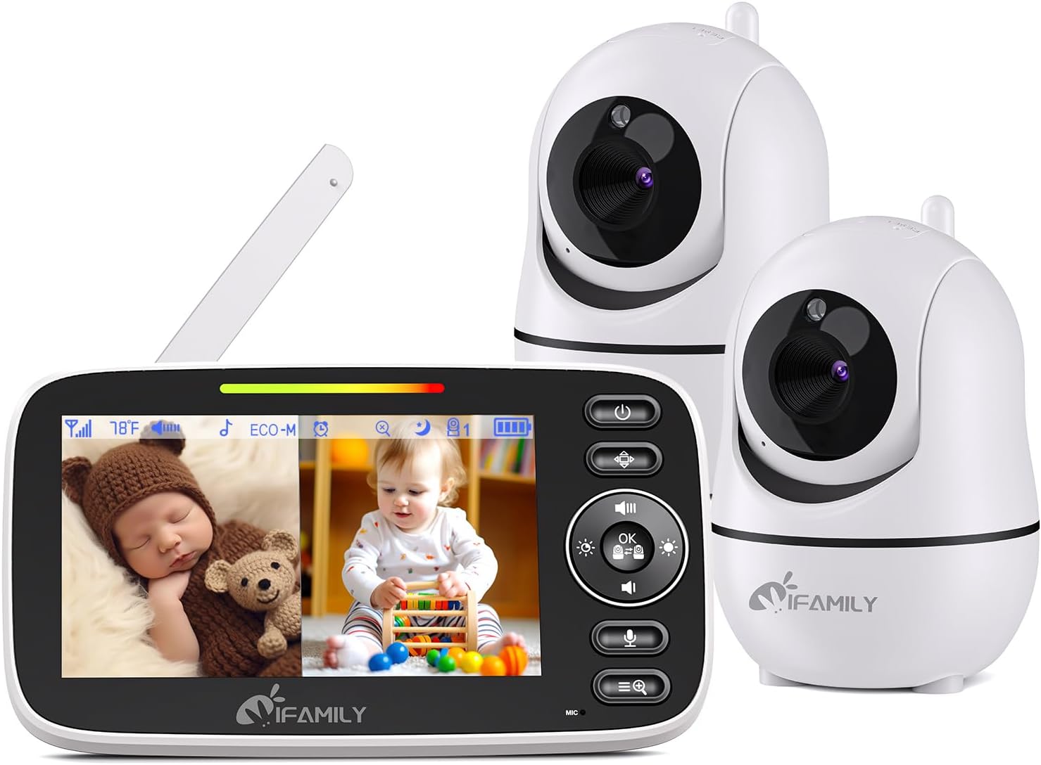 iFamily Split Screen Baby Monitor, Large Display Video Baby Monitor with 2 Cameras and Audio, Long Range, Remote pan tilt, Night Vision, Temperature Sensor, 2 Way Talk, Feeding Clock and lullabies.