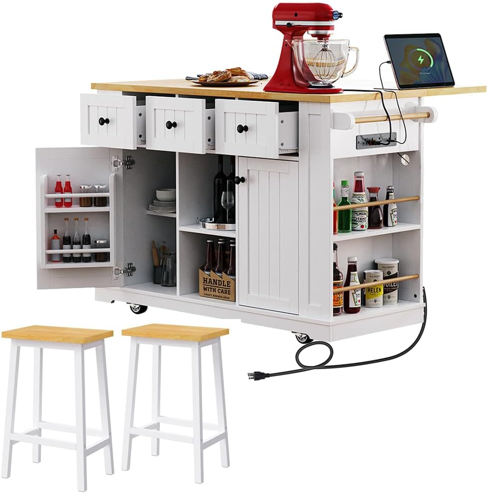 Rolling Kitchen Island with Storage, Kitchen Cart on Wheels with Drop Leaf, Mobile Kitchen Storage Cart with Power Outlet, Open Side Racks, 53 Inch Width (with 2 Bar Stools: White)