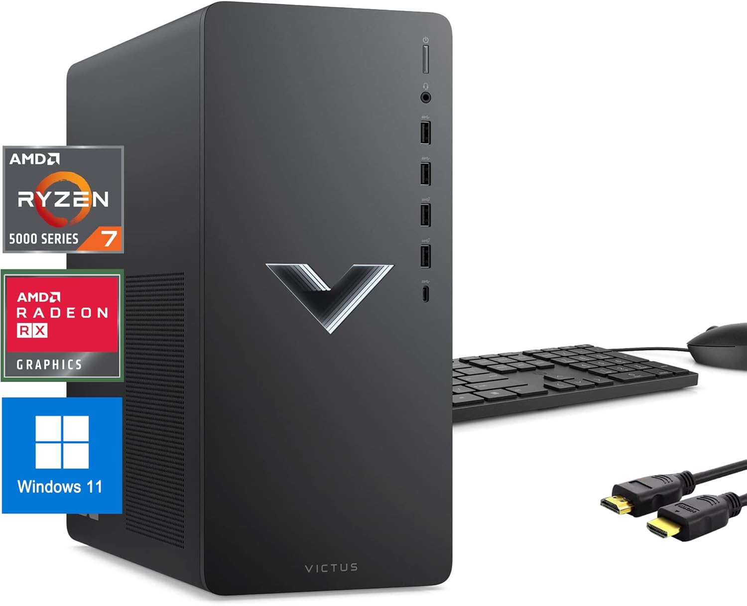 HP Victus Gaming PC, AMD Ryzen 7 5700G (8 cores, 16 Threads), 32 GB RAM, 512 GB PCIe SSD, Radeon RX 6600XT, Gaming Computer Desktop Bundle, USB C, WiFi 6, Windows 11 Home