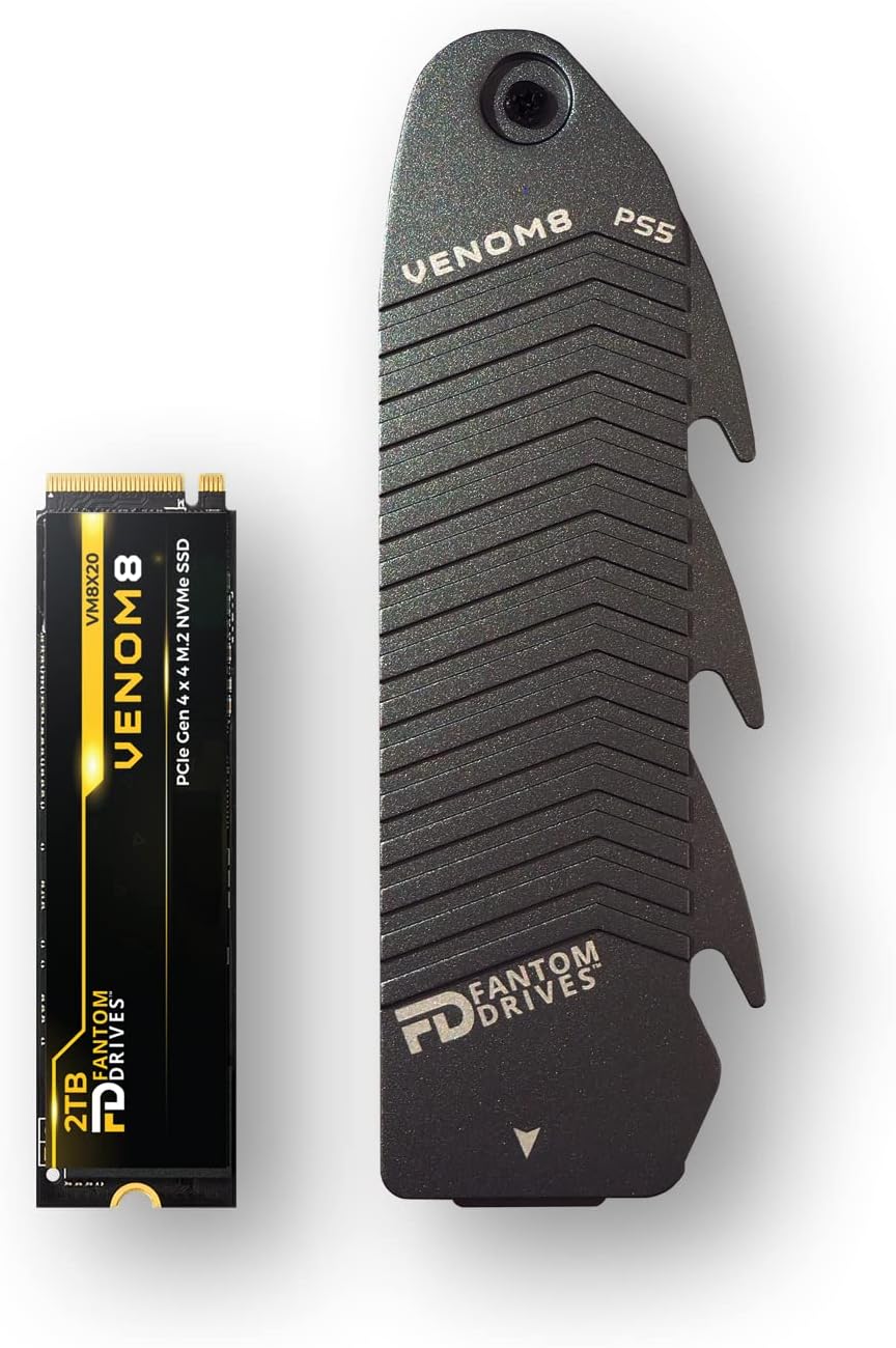 Fantom Drives – VENOM8 2TB NVMe Gen 4 M.2 Internal SSD – PS5 Memory Upgrade 3D NAND TLC – DDR4 DRAM Cache – 7400MB/s Solid State Drive w/ Heatsink (VM8X20-PS5)