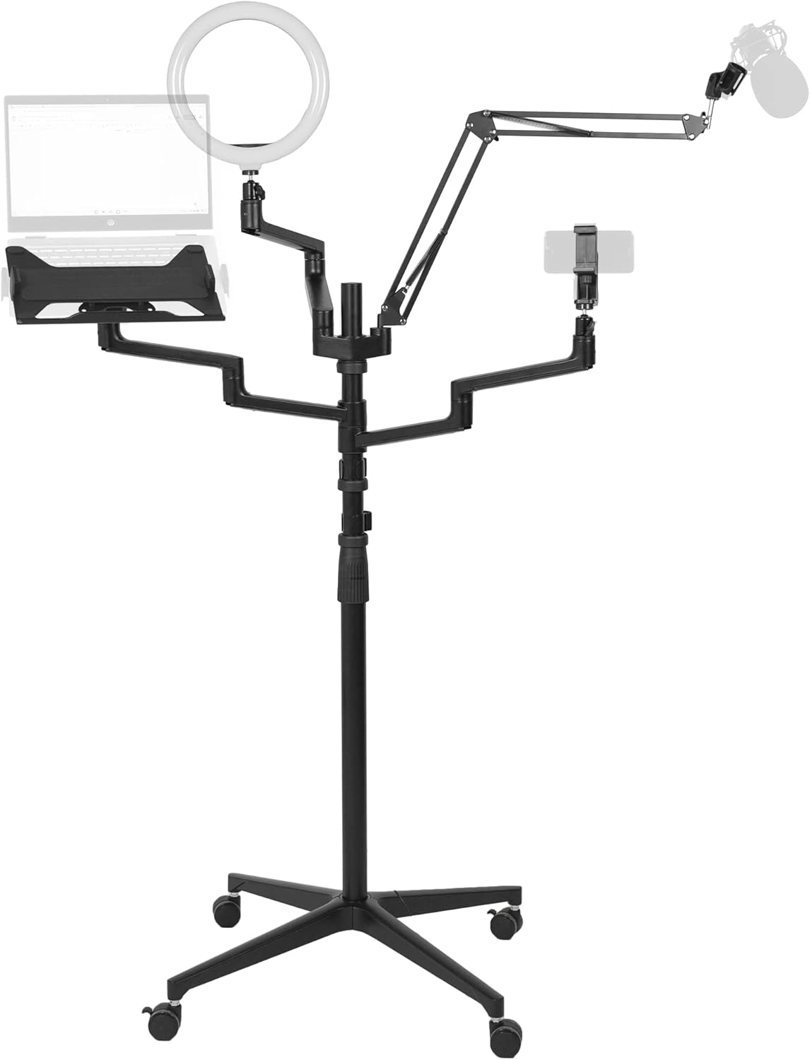 VIVO All-in-One Studio Livestreaming Multi-Mount Floor Stand on Wheels, Mic Boom, Laptop Mount up to 17 inches or Monitor up to 32 inches, Light, Phone Holder, Mobile Live Stream Cart, STAND-LIVE1M