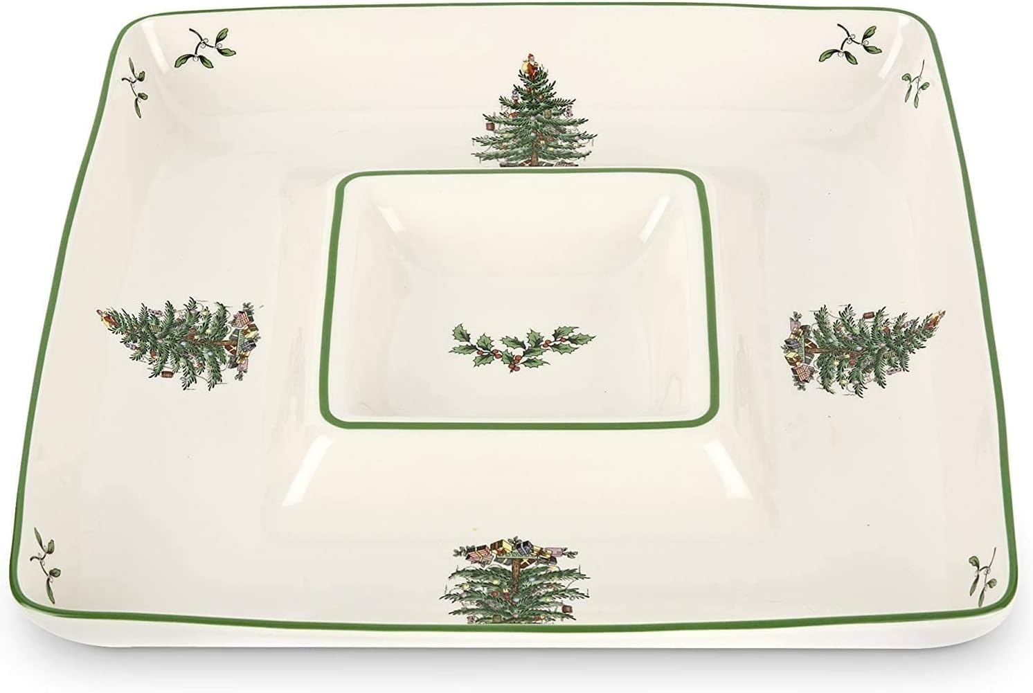 Spode Christmas Tree 12 Inch Square Porcelain Chip and Dip – Porcelain Serving Platter for Cheese, Appetizers, Chips, Salsa – Dishwasher Safe – Ideal for Indoor & Outdoor Holiday Entertaining